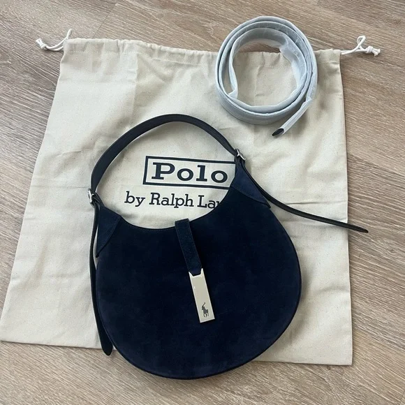 Ralph Lauren Polo ID Shoulder Bag Small Navy Suede - Picture 9 of 11